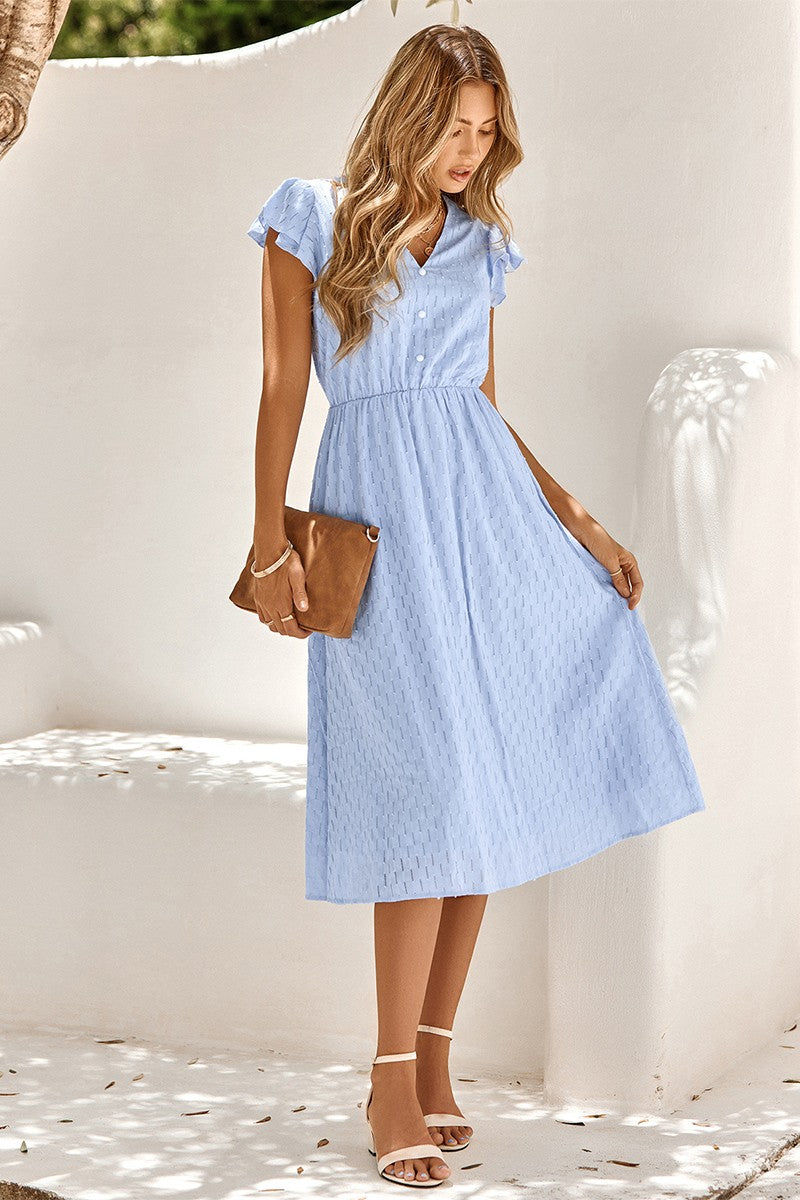 Short Flutter Sleeves Button Front Midi Dress