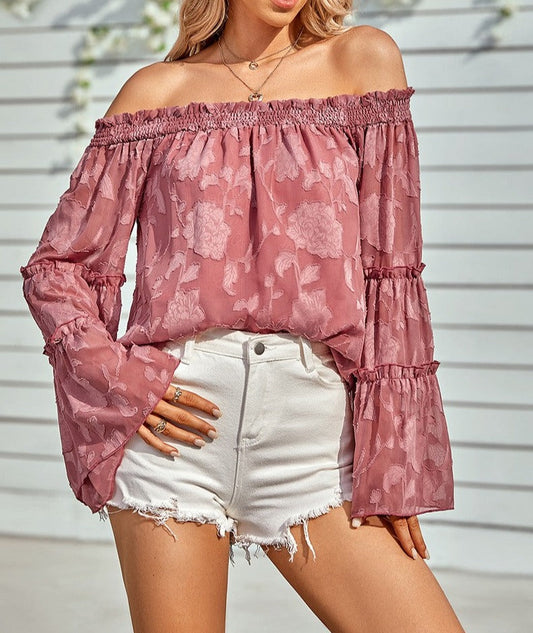 Floral Applique Frill Trim Flare Sleeve Off Shoulder Blouse | Blouse - Women's | F, new arrival, S, shoppe247, short sleeve top, Top | Elings