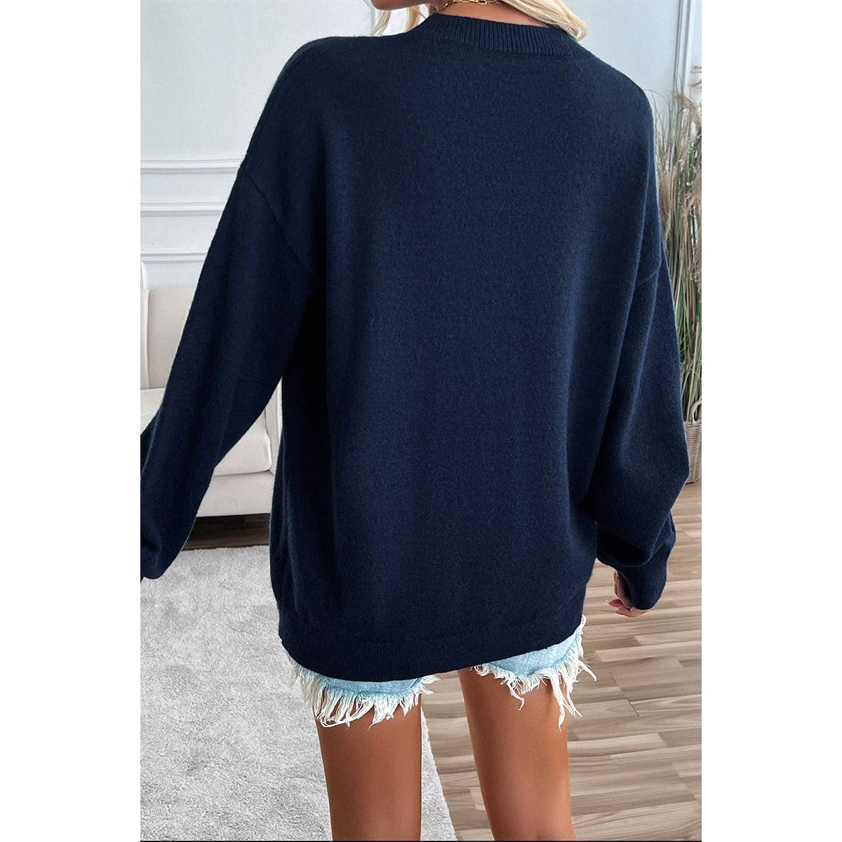 Knit Round Neck Flag Print Loose Fit Sweater