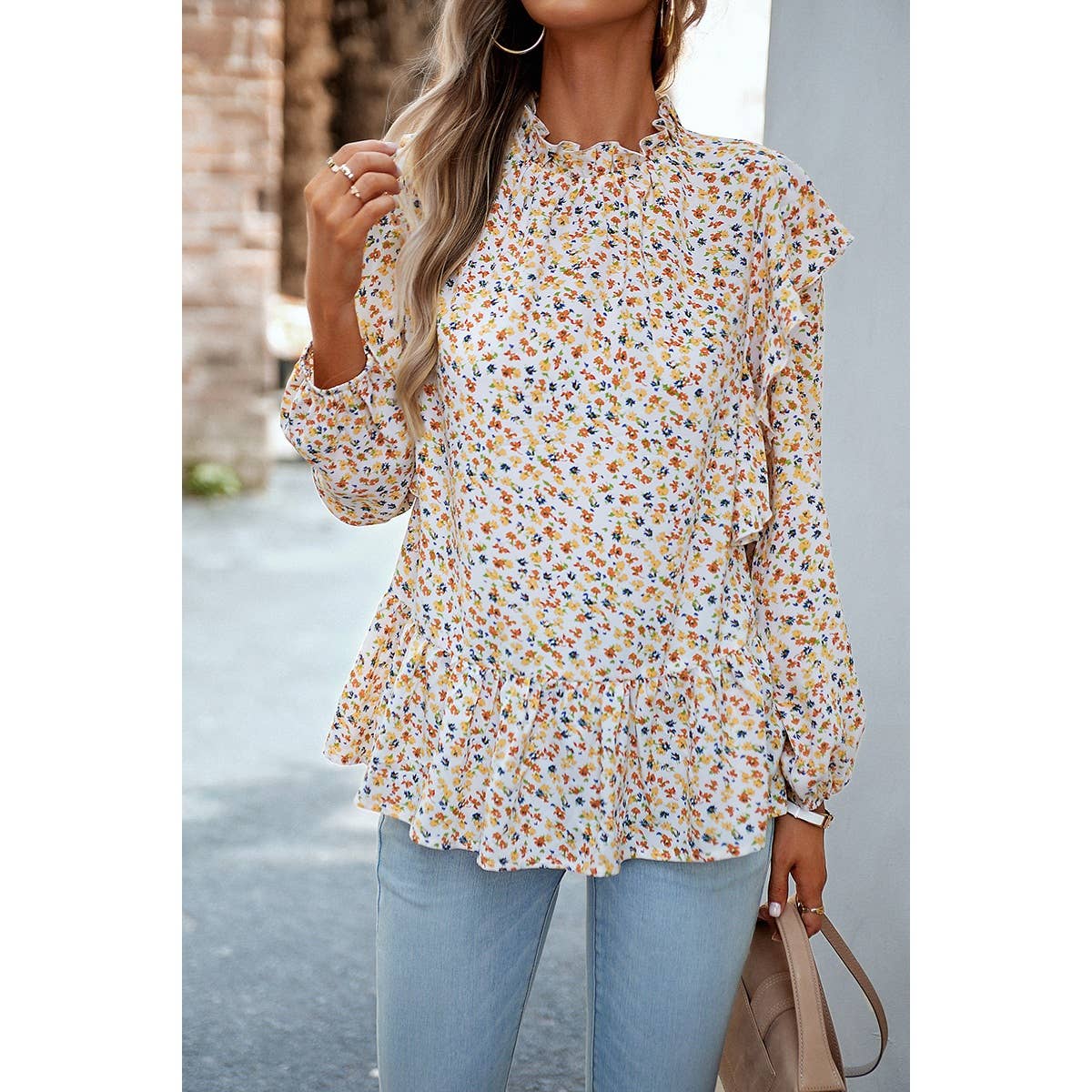 Floral Print Drop Shoulder Hem Ruffle Loose Top | Blouse - Women's | long sleeve top, tops | Elings