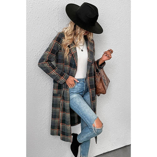 Button Pocket Detail Plaid Long Body Loose Coat | Coat - Women's | Coat, plaid | Elings