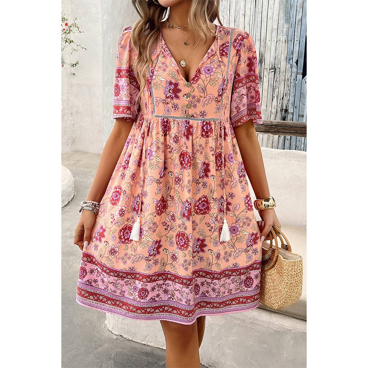 Floral V Neck High Waist Tassel Ruffle Dress | Dress - Women's | above the knee, Dress, F, new arrival, shoppe247 | Elings