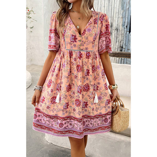 Floral V Neck High Waist Tassel Ruffle Dress | Dress - Women's | above the knee, Dress, F, new arrival, shoppe247 | Elings