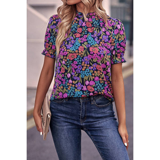 Allover Floral Print Elastic Sleeves Fit Blouse | Blouse - Women's | F, floral, new arrival, short sleeve top, Top | Elings