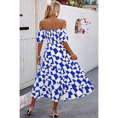 Allover Print Off Shoulder Ruched Ruffle Dress