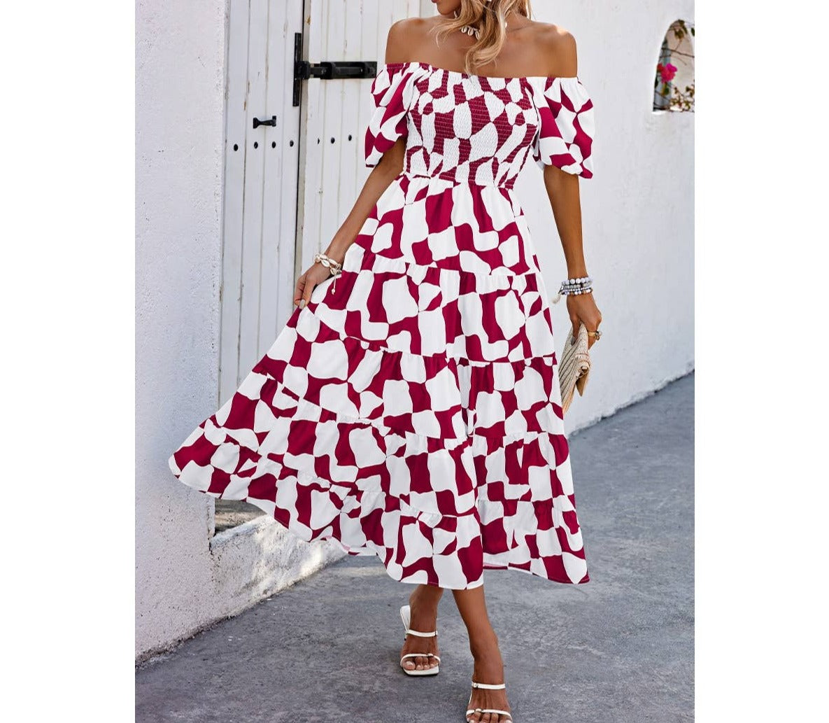 Allover Print Off Shoulder Ruched Ruffle Dress | Dress - Women's | 2402, Dress, F, LK, midi dress, new arrival | Elings