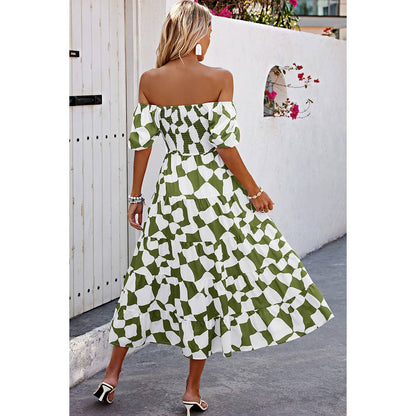 Allover Print Off Shoulder Ruched Ruffle Dress