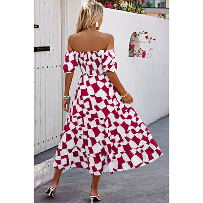 Allover Print Off Shoulder Ruched Ruffle Dress