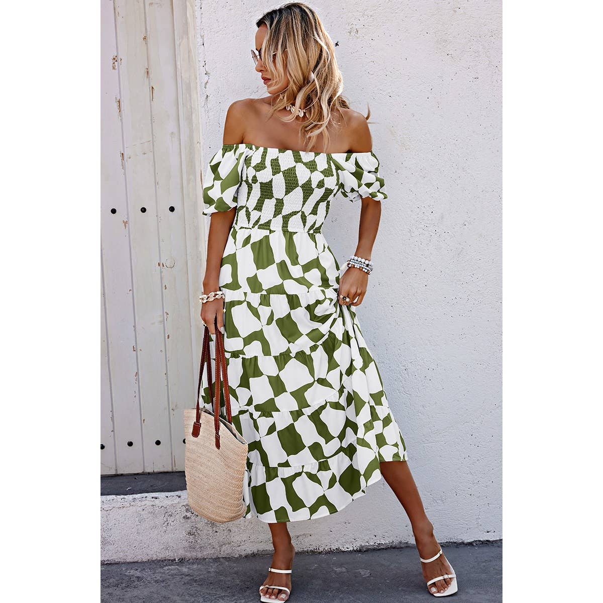 Allover Print Off Shoulder Ruched Ruffle Dress