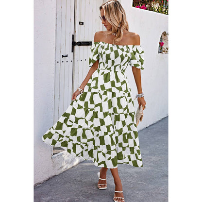 Allover Print Off Shoulder Ruched Ruffle Dress