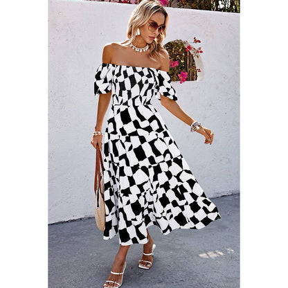 Allover Print Off Shoulder Ruched Ruffle Dress