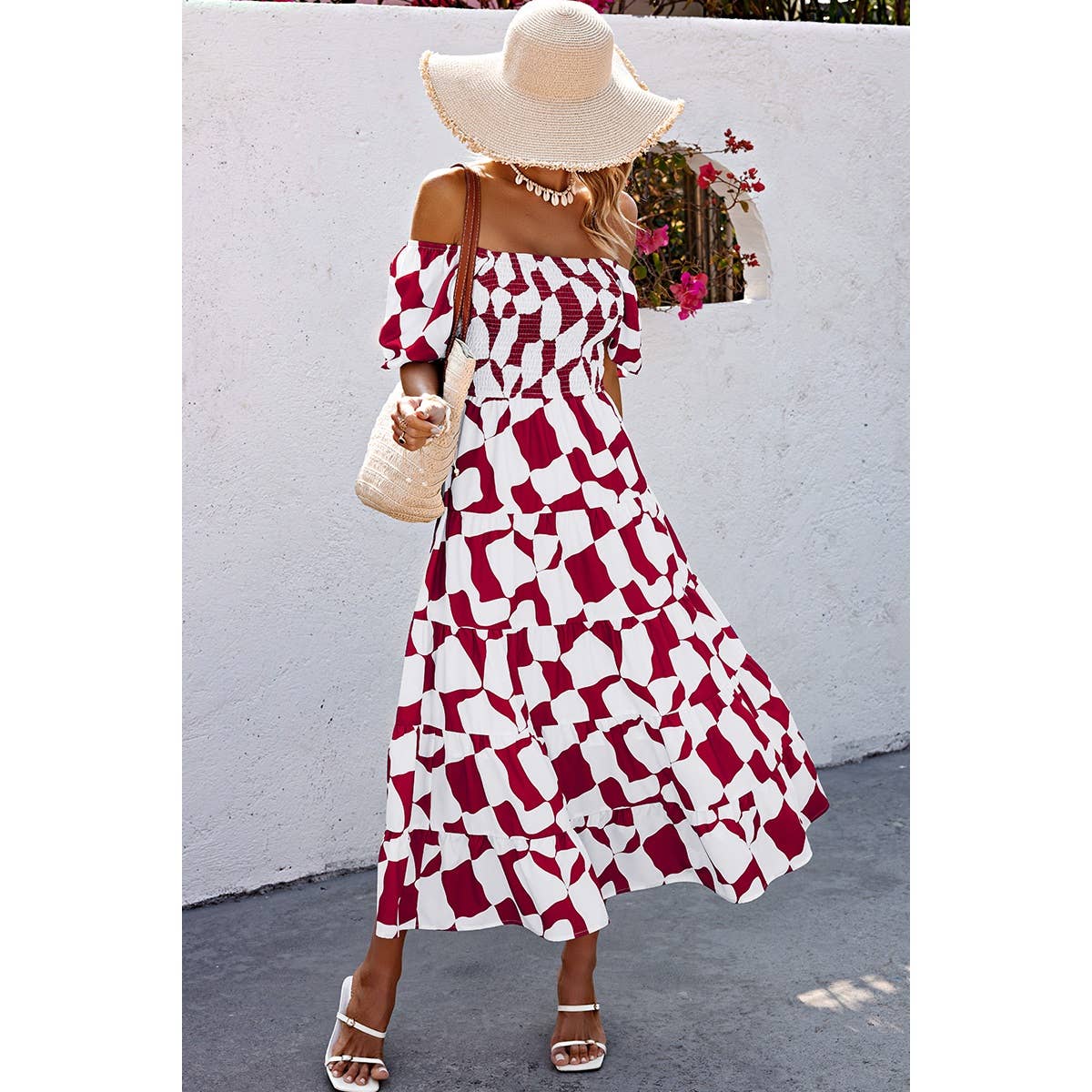 Allover Print Off Shoulder Ruched Ruffle Dress