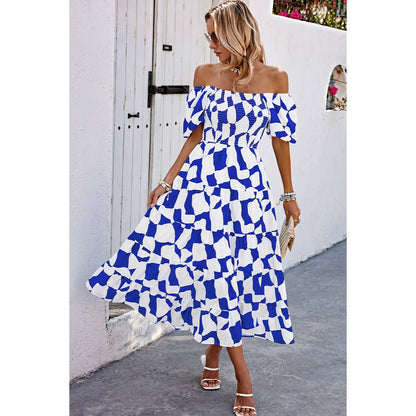 Allover Print Off Shoulder Ruched Ruffle Dress