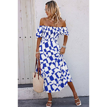 Allover Print Off Shoulder Ruched Ruffle Dress