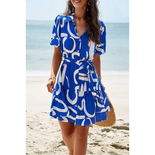 Allover Print Ruffle Front Button Open Belt Dress | Dress - Women's | above the knee, Dress, LK, new arrival, S | Elings