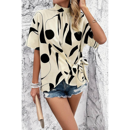 Allover Print Side Knot Short Sleeves Fit Blouse