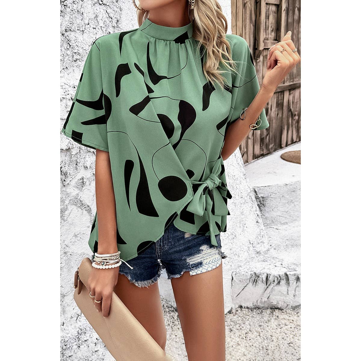 Allover Print Side Knot Short Sleeves Fit Blouse