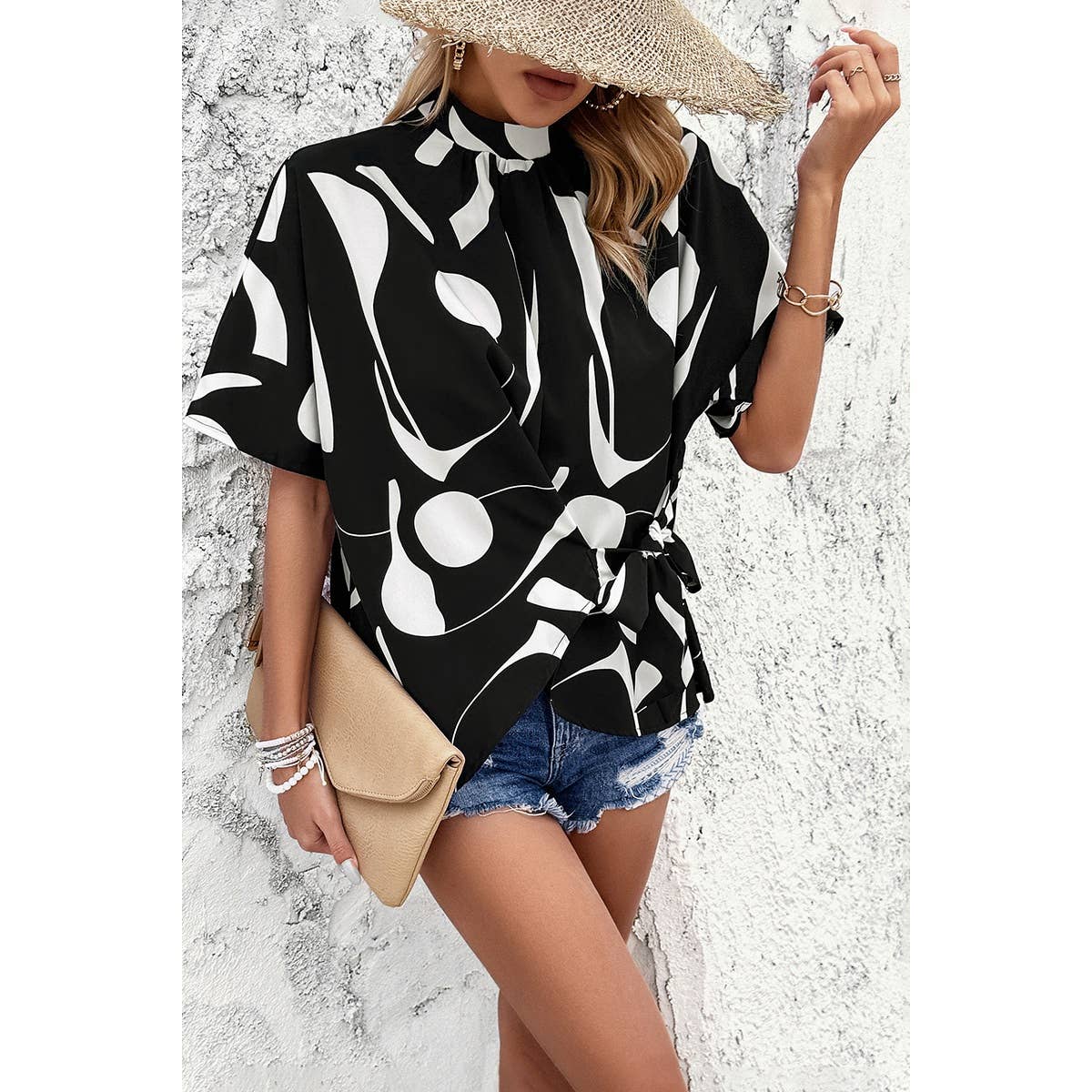 Allover Print Side Knot Short Sleeves Fit Blouse