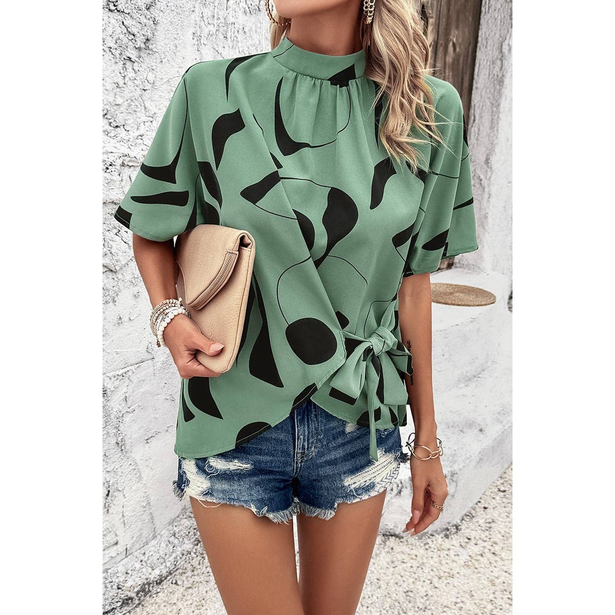 Allover Print Side Knot Short Sleeves Fit Blouse