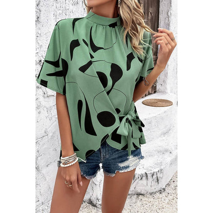 Allover Print Side Knot Short Sleeves Fit Blouse