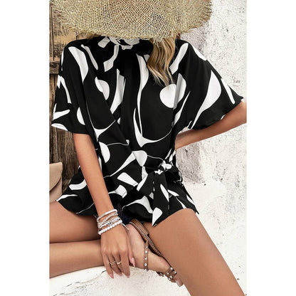 Allover Print Side Knot Short Sleeves Fit Blouse