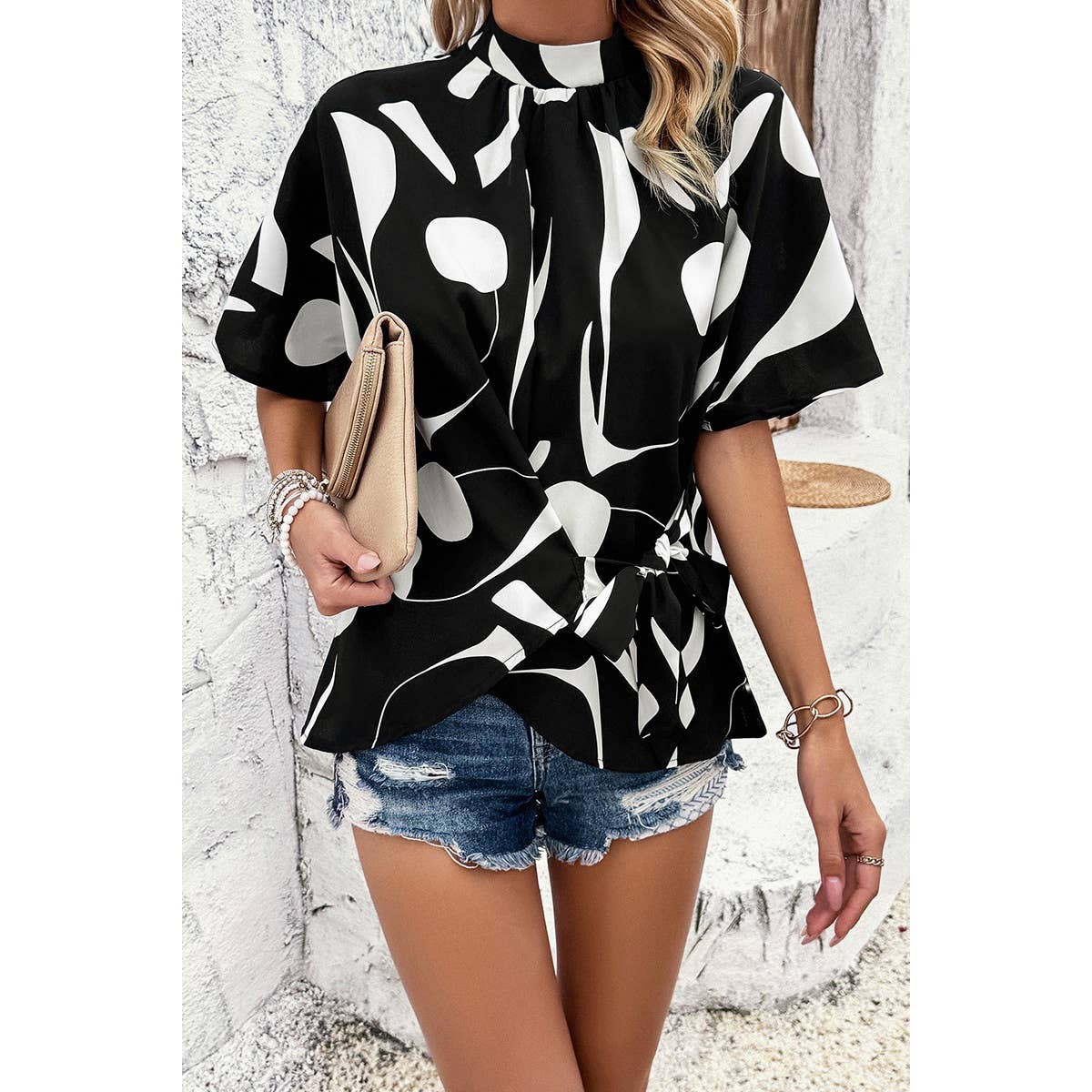 Allover Print Side Knot Short Sleeves Fit Blouse