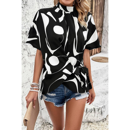 Allover Print Side Knot Short Sleeves Fit Blouse