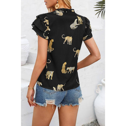 Animal Print Ruffle V Neck Loose Fit Blouse