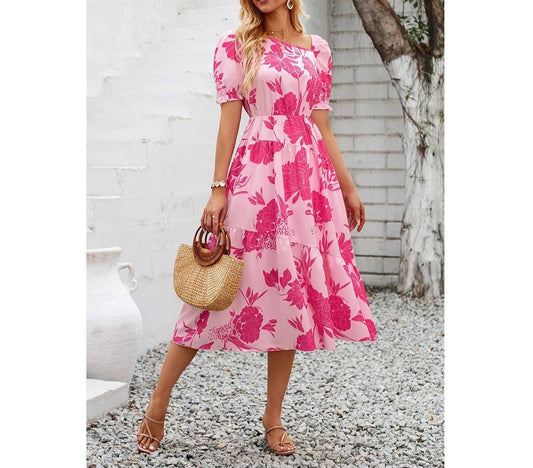 Asymmetric Neck Floral Color Block Puff Dress | Dress - Women's | 2403, Dress, F, LK, midi dress, new arrival | Elings