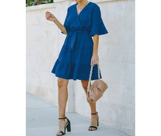 Ruffle V Neck Wide Sleeves Dress | Dress - Women's | above the knee, Dress | Elings