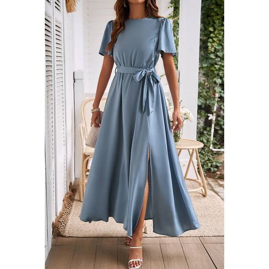 Solid Round Neck Belt Side Open Fit Dress | Dress - Women's | Dress, F, maxi dress, new arrival, shoppe247 | Elings