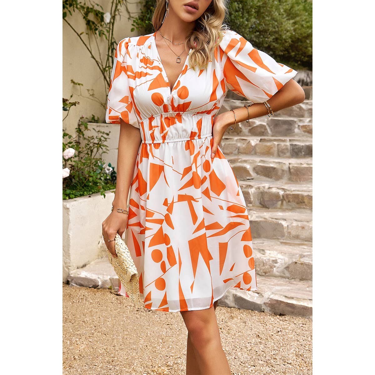 Allover Print Deep V Wide Self Belt Puff Sleeves Short Dress | Dress - Women's | above the knee, Dress | Elings