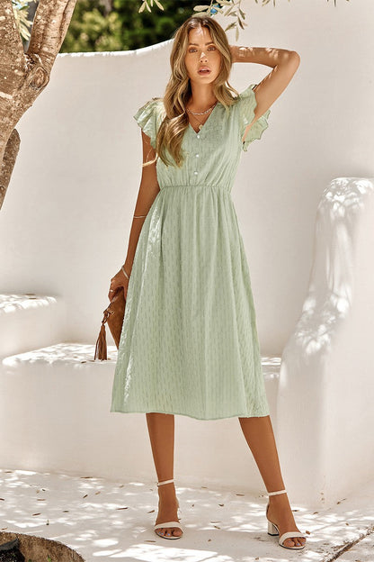 Short Flutter Sleeves Button Front Midi Dress