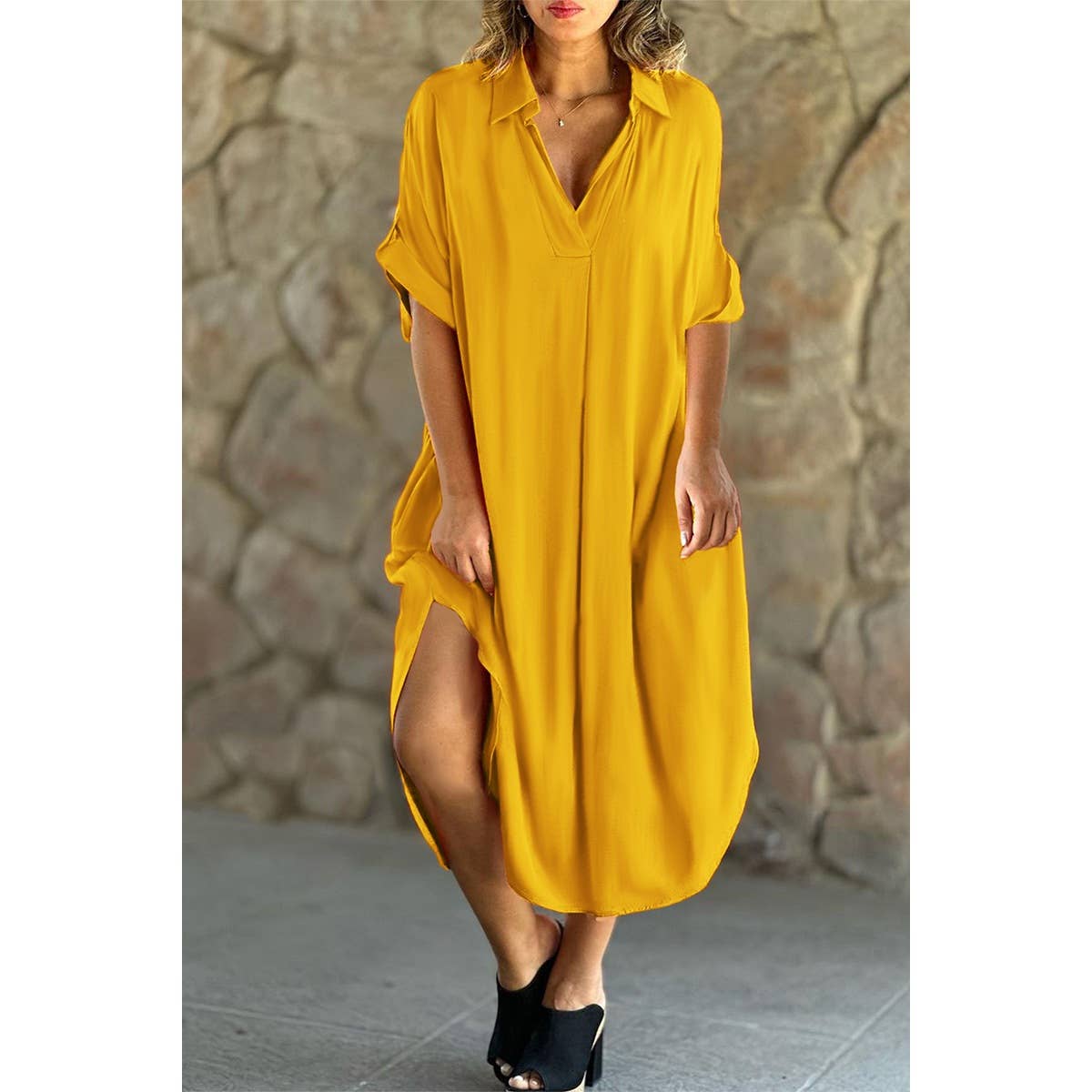 Plus Solid V Neck Button Trim Loose Fit Midi Dress | Dress - Women's | F, LK, new arrival, plus, plus dress | Elings