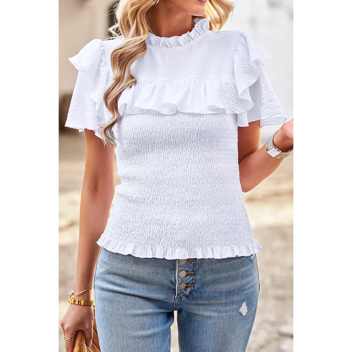 Solid Color Ruffle Back Ruched Fit Top | Shirt - Women's | 523 | Elings