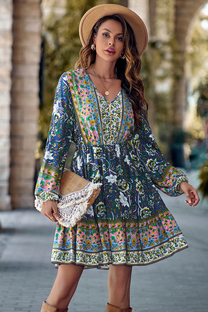 Boho Floral V Neck Ruffled Hem Dress