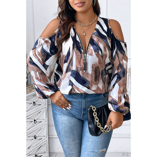 Plus Size Open Shoulder Zipper Print Loose Blouse | Blouse - Women's | F, new arrival, plus, Plus tops | Elings