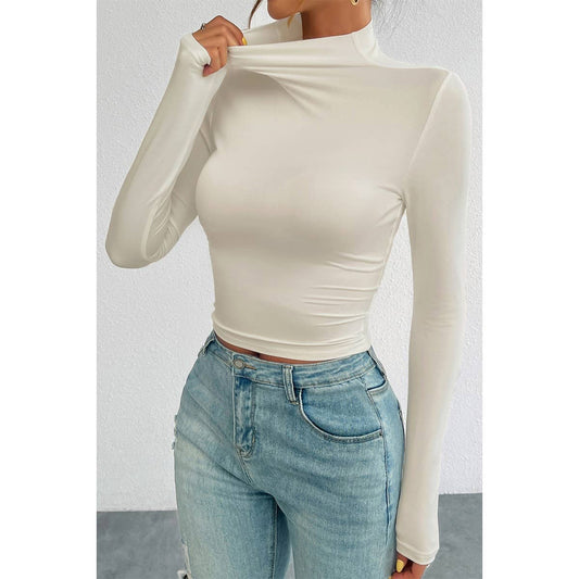 Fit Slim Mock Neckline Solid Elastic Pullover Top | Blouse - Women's | eb tops, F, Long Sleeve, long sleeve top, new arrival, shoppe247, Top | Elings