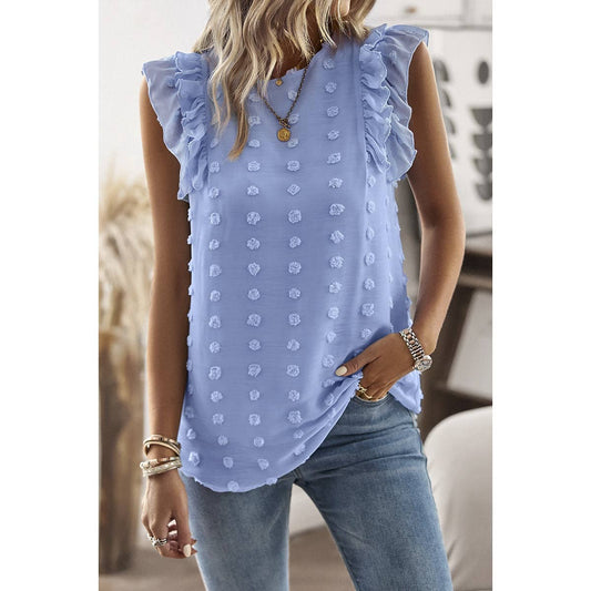 Swiss Dot Ruffle Trim Solid Blouse | Shirt - Women's | 523 | Elings