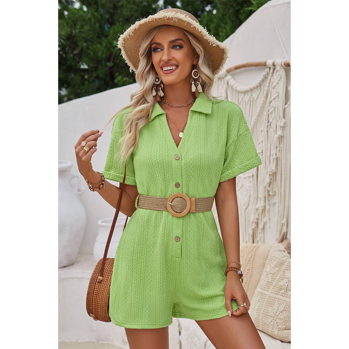 Button Trim V Neck Knit Solid Fit Romper - Elings