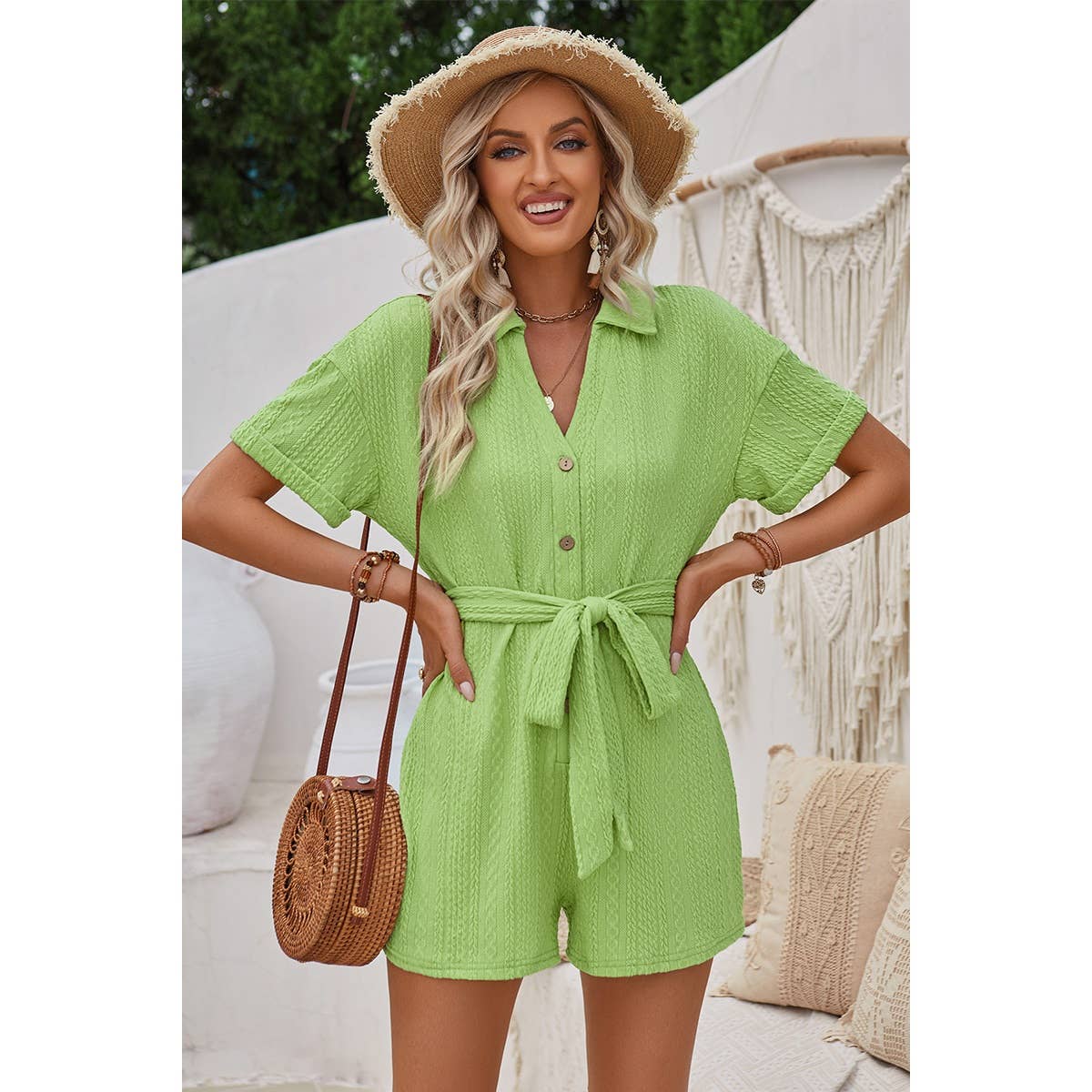 Button Trim V Neck Knit Solid Fit Romper - Elings