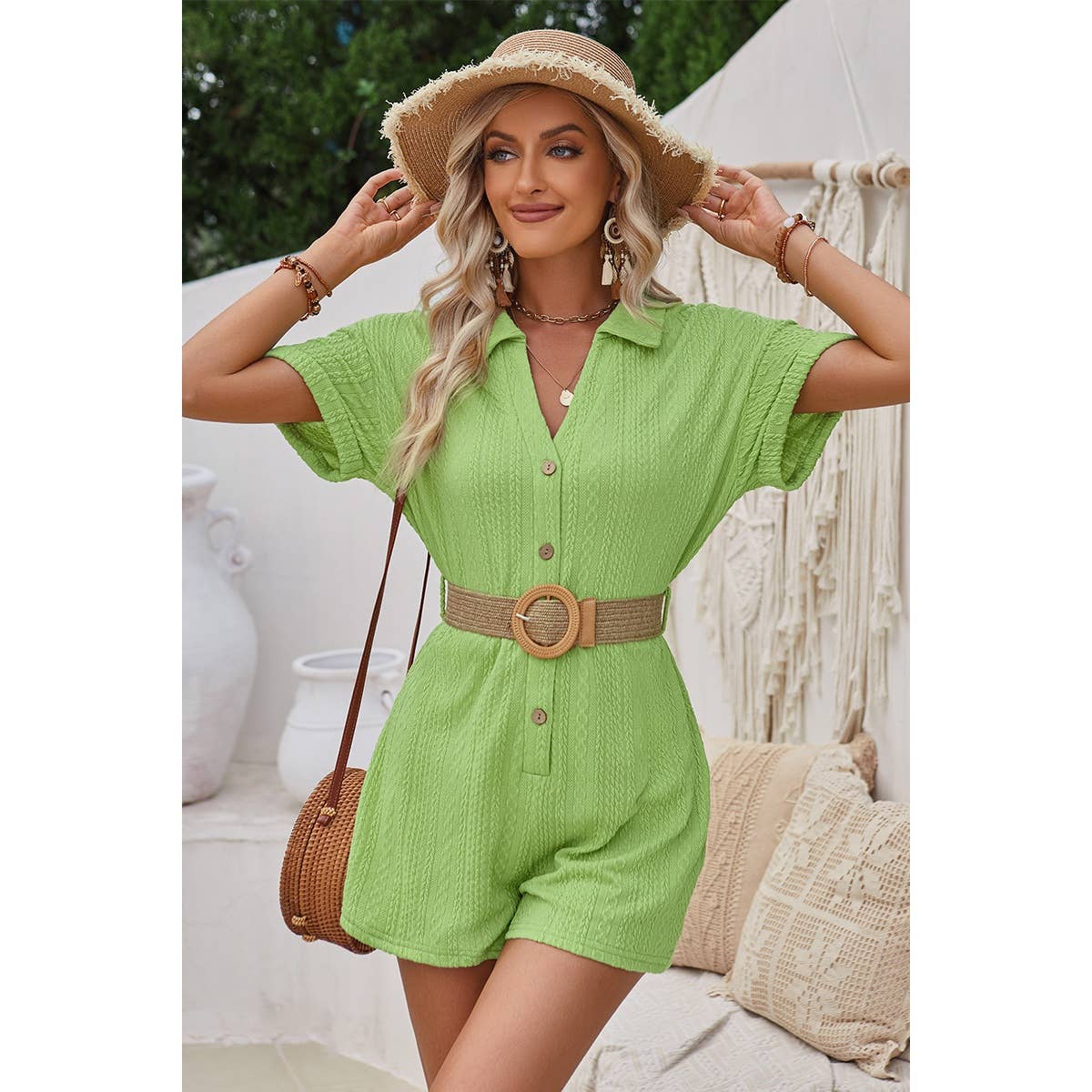 Button Trim V Neck Knit Solid Fit Romper - Elings