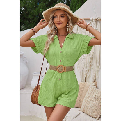 Button Trim V Neck Knit Solid Fit Romper - Elings