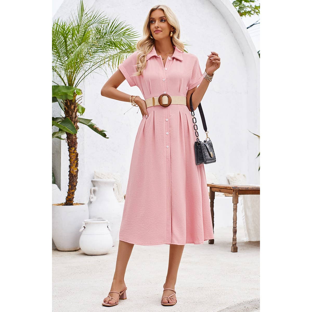 Button Up Solid Front Open Cut Out Fit Dress