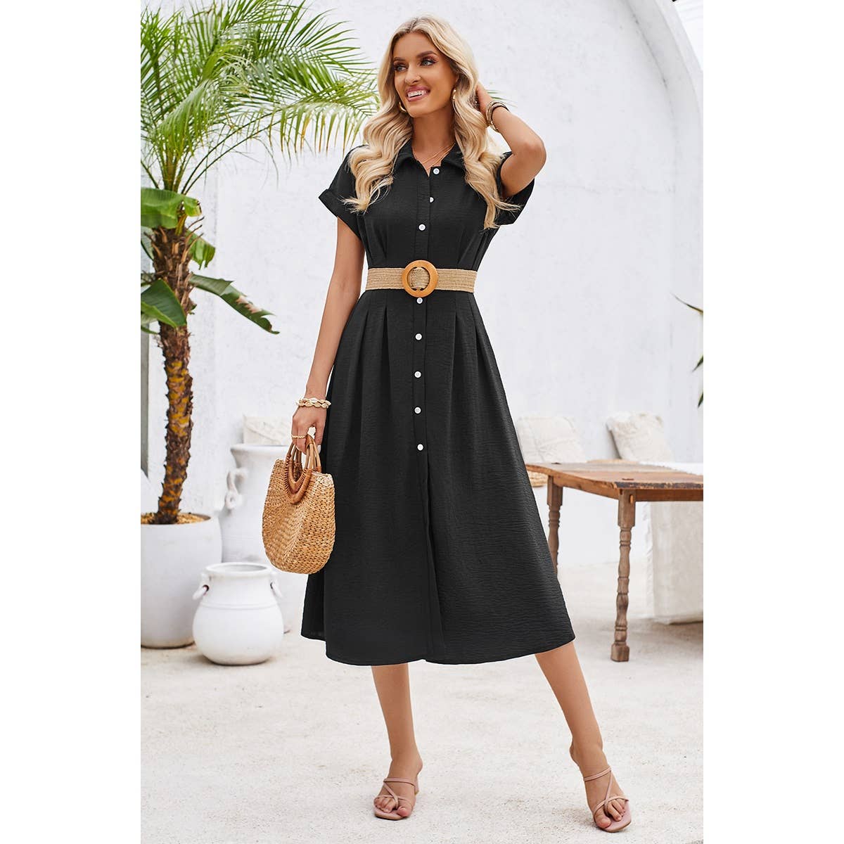 Button Up Solid Front Open Cut Out Fit Dress