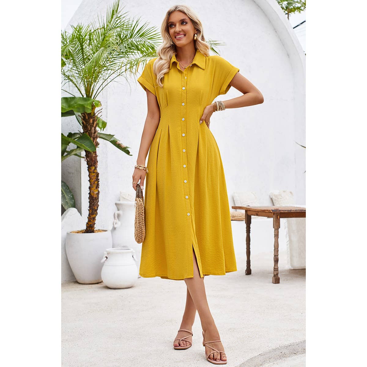 Button Up Solid Front Open Cut Out Fit Dress