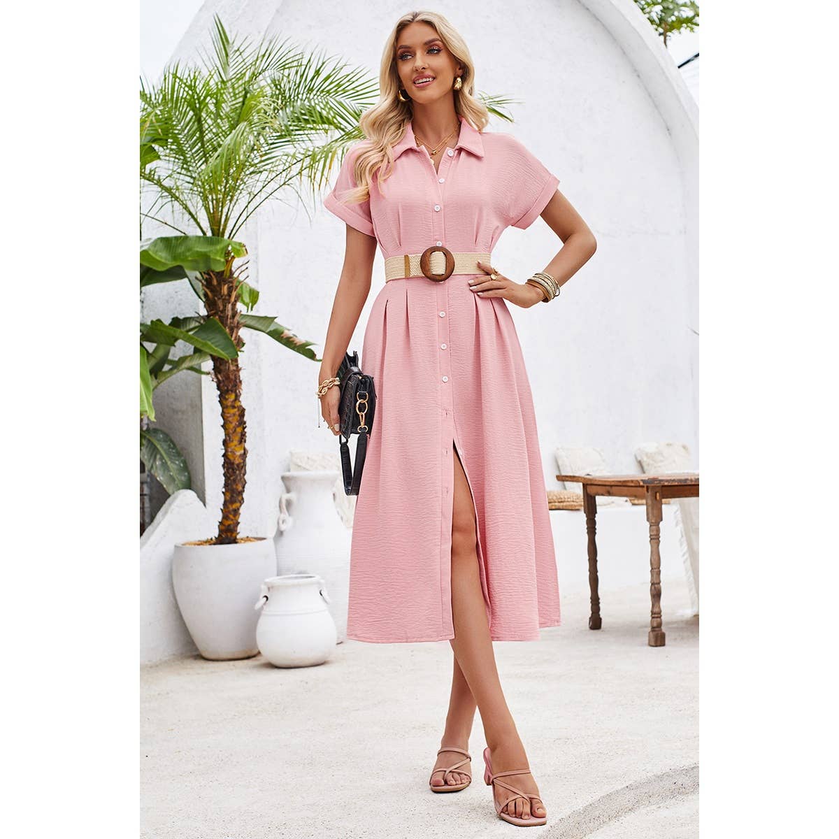 Button Up Solid Front Open Cut Out Fit Dress