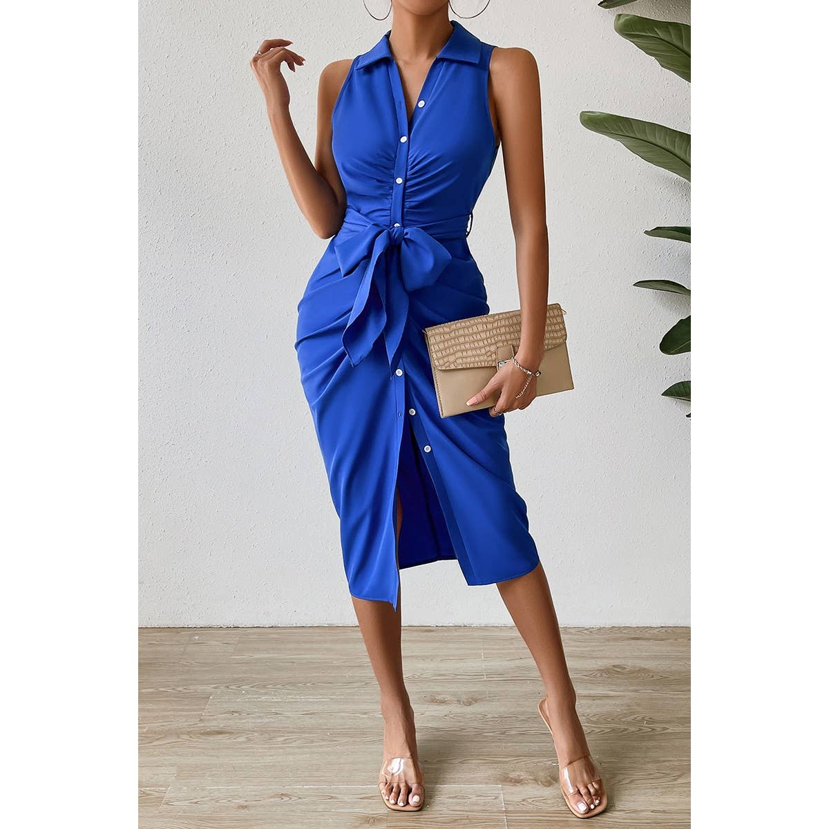 Button V Neck Sleeveless Belt Wrap Dress