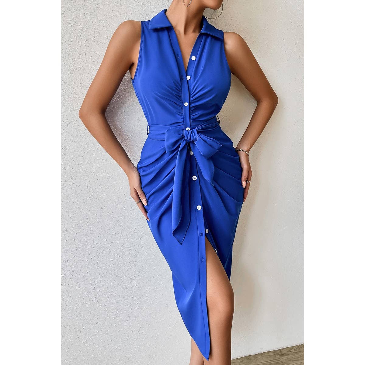 Button V Neck Sleeveless Belt Wrap Dress | Dress - Women's | Dress, F, midi dress, new arrival, shoppe247 | Elings