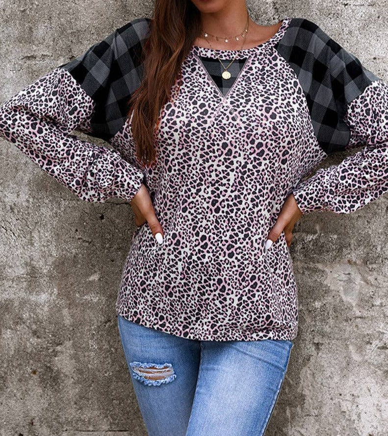 Leopard Chic Crew Neck Long Sleeve Top | Knit Top - Women's | plaid, Top | Elings